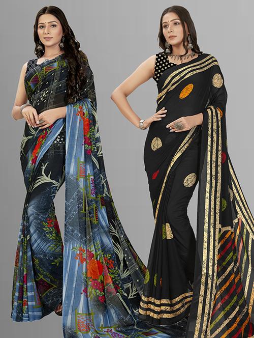 women combo pack of 2 printed saree with blouse - 21406126 - Very Small Image - 1