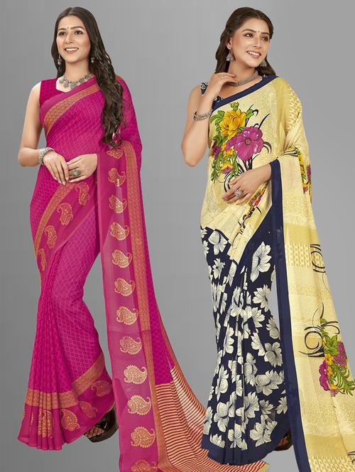 women combo pack of 2 printed saree with blouse - 21406632 - Very Small Image - 1