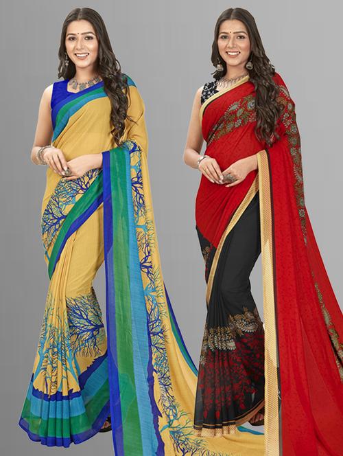 pack of 2 printed casual wear sarees with blouse - 21406700 - Very Small Image - 1