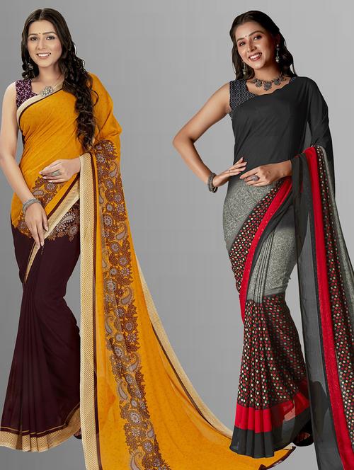 women combo pack of 2 printed saree with blouse - 21406810 - Very Small Image - 1