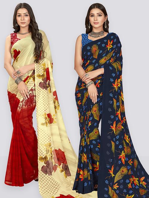 women combo pack of 2 printed saree with blouse - 21406852 - Very Small Image - 1