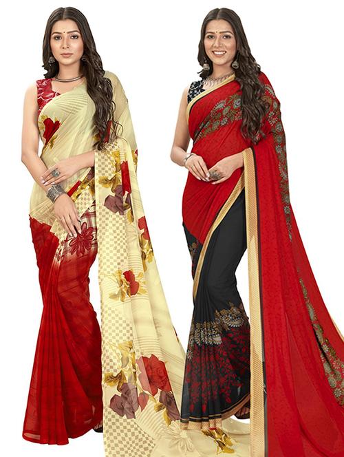women combo pack of 2 printed saree with blouse - 21406865 - Very Small Image - 1
