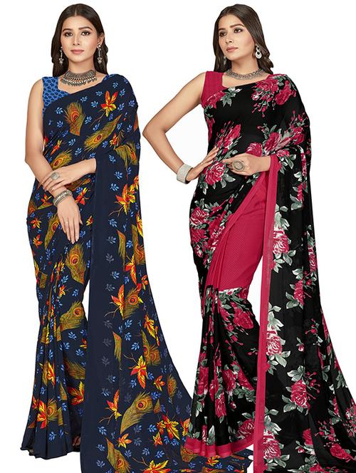 pack of 2 printed casual wear sarees with blouse - 21407080 - Very Small Image - 1