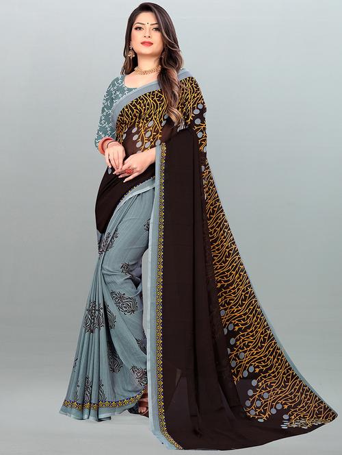women grey printed georgette saree with blouse - 21407112 - Very Small Image - 1