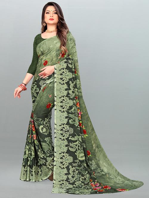 women green floral printed saree with blouse - 21407126 - Very Small Image - 1