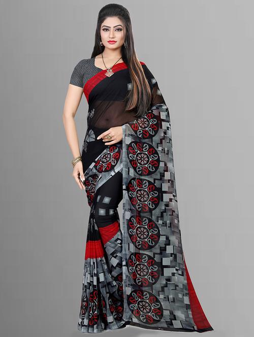 women black printed georgette saree with blouse - 21407134 - Very Small Image - 1