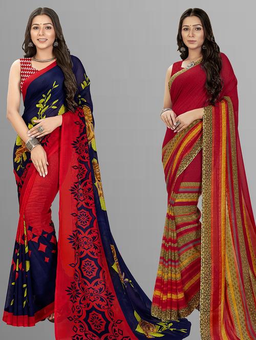 women combo pack of 2 printed saree with blouse - 21407297 - Very Small Image - 1