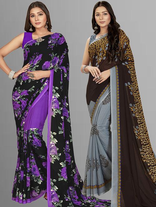 women combo pack of 2 printed saree with blouse - 21407311 - Very Small Image - 1