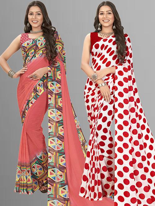 pack of 2 printed casual wear sarees with blouse - 21407330 - Very Small Image - 1