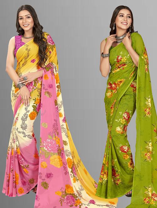 pack of 2 printed casual wear sarees with blouse - 21407338 - Very Small Image - 1