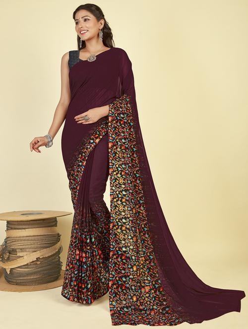 women brown printed saree with blouse - 21407938 - Very Small Image - 1