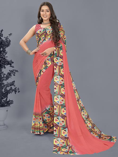 pink printed saree with blouse - 21407950 - Very Small Image - 1