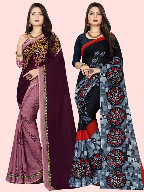 pack of 2 printed casual wear sarees with blouse - 21410061 - Very Small Image - 1
