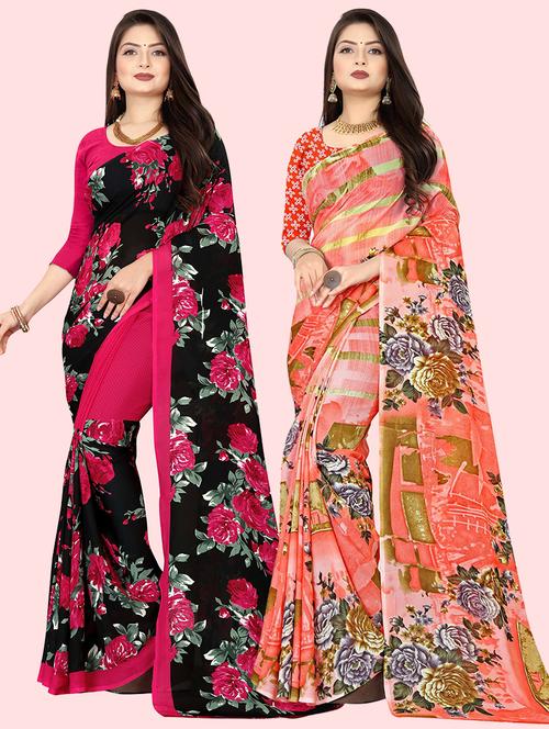 pack of 2 multi colored combo saree with blouse - 21410146 - Very Small Image - 1
