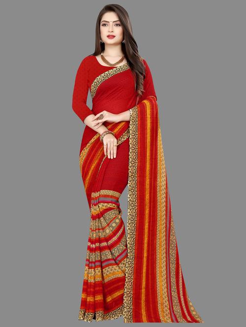 woemn red printed georgette saree with blouse - 21410643 - Very Small Image - 1