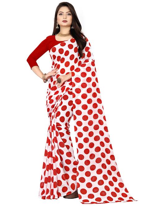 women red polka dots printed saree with blouse - 21410677 - Very Small Image - 1