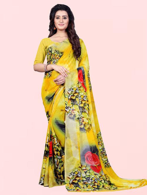 women yellow floral printed georgette saree with blouse - 21410780 - Very Small Image - 1