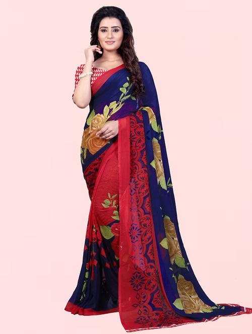 women blue floral printed saree with blouse - 21410785 - Very Small Image - 1
