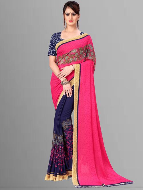 women blue printed georgette saree with blouse - 21410792 - Very Small Image - 1