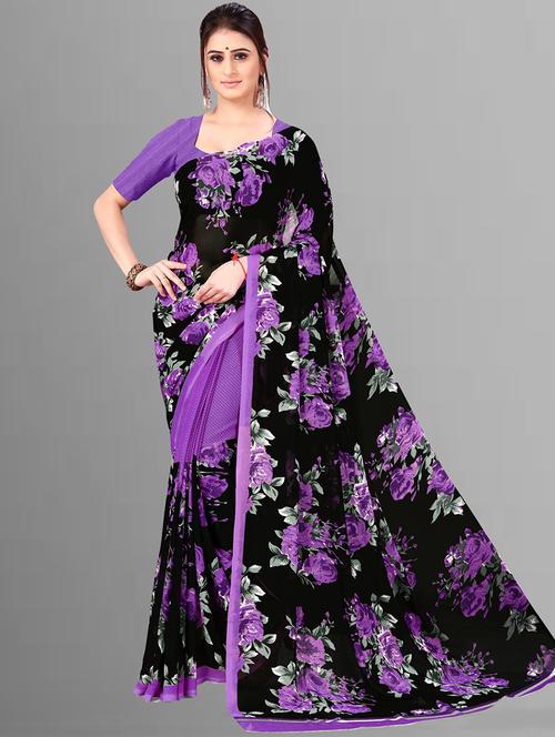 women black floral printed saree with blouse - 21410796 - Very Small Image - 1