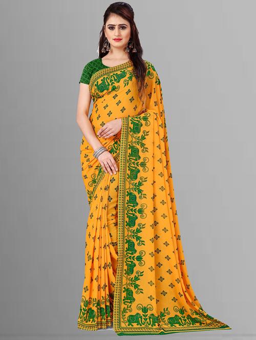 women yellow printed georgette saree with blouse - 21410809 - Very Small Image - 1