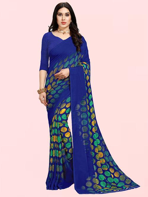 women blue printed georgette saree with blouse - 21410810 - Very Small Image - 1