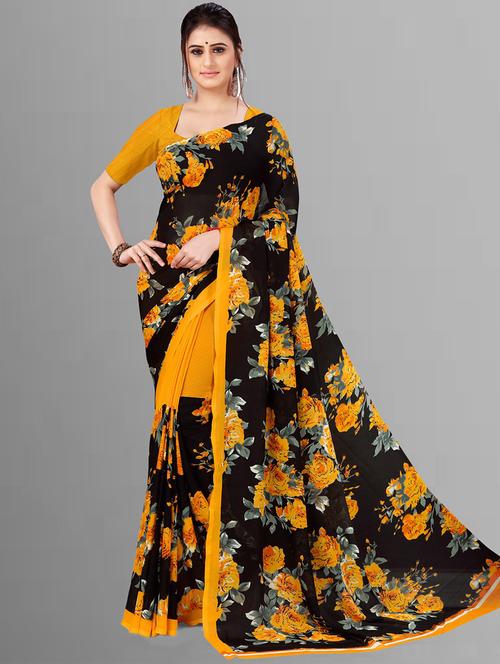 women black floral printed saree with blouse - 21410814 - Very Small Image - 1