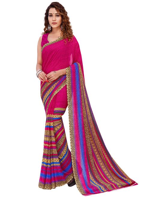 women pink stripes printed saree with blouse - 21412567 - Very Small Image - 1