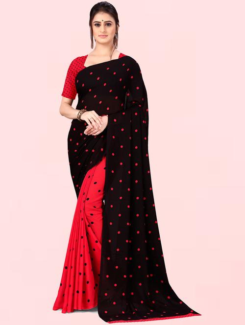 women red polka dots printed saree with blouse - 21412570 - Very Small Image - 1