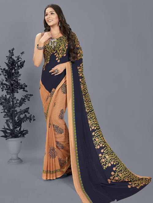 women beige printed georgette saree with blouse - 21412575 - Very Small Image - 1