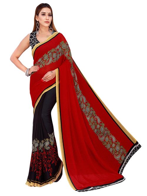 red embroidered half and half saree with blouse - 21412581 - Very Small Image - 1