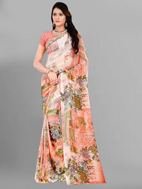women peach floral printed saree with blouse - 21412582 - Very Small Image - 1