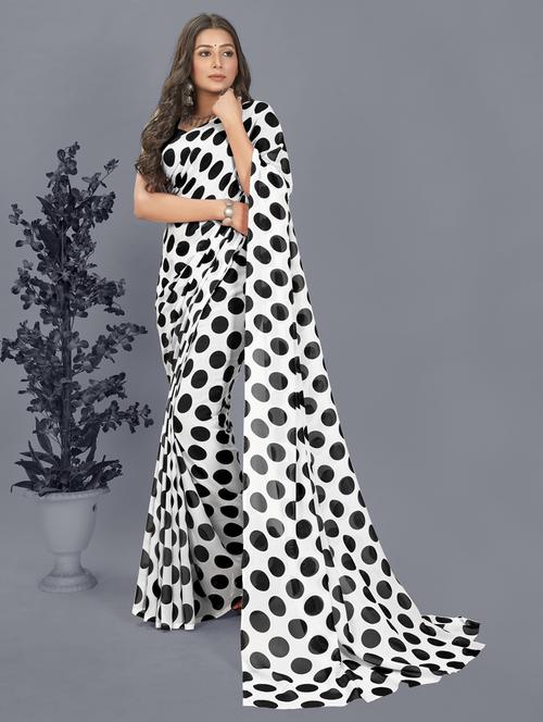 women white polka dots printed saree with blouse - 21412595 - Very Small Image - 1