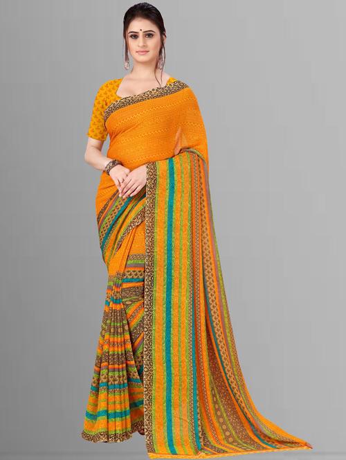 women yellow printed georgette saree with blouse - 21412604 - Very Small Image - 1
