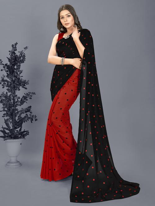 women red polka dots printed saree with blouse - 21412682 - Very Small Image - 1