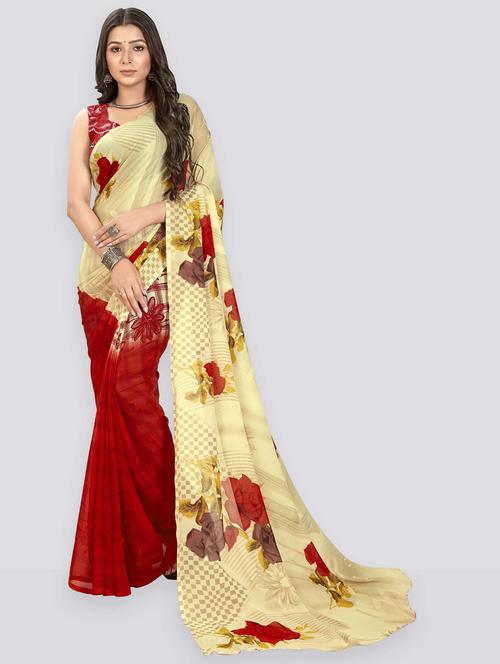 women red floral printed saree with blouse - 21412700 - Very Small Image - 1