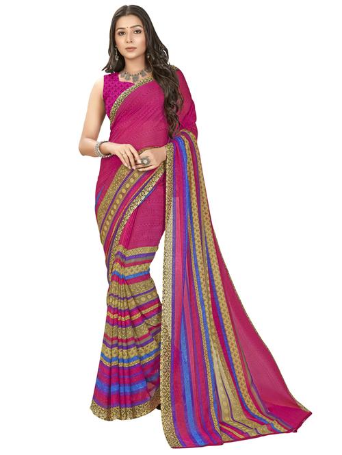 women pink stripes printed saree with blouse - 21412707 - Very Small Image - 1