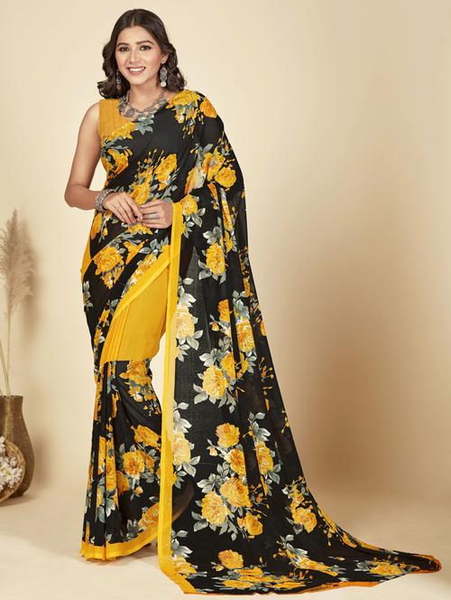 women yellow floral printed saree with blouse - 21412711 - Very Small Image - 1