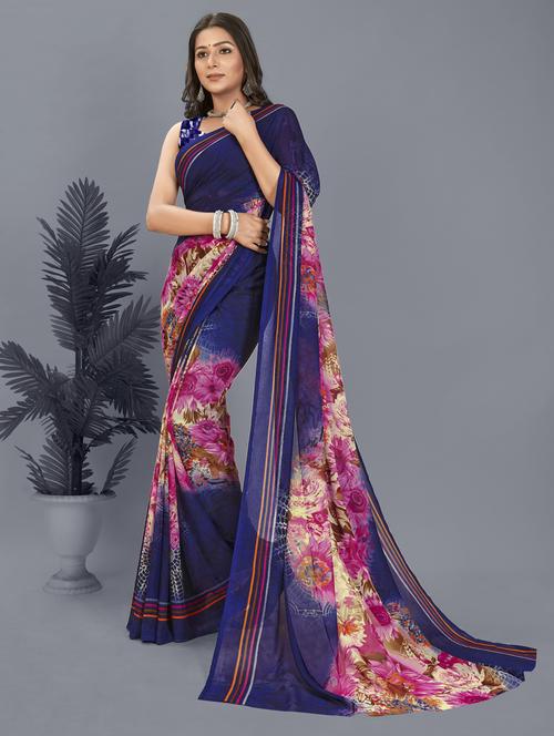 women blue floral printed saree with blouse - 21412730 - Very Small Image - 1