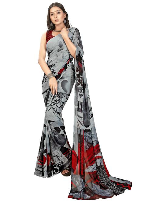 women grey printed georgette saree with blouse - 21412746 - Very Small Image - 1