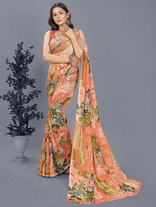 women peach floral printed saree with blouse - 21412751 - Very Small Image - 1