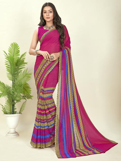 women pink stripes printed saree with blouse - 21412827 - Very Small Image - 1