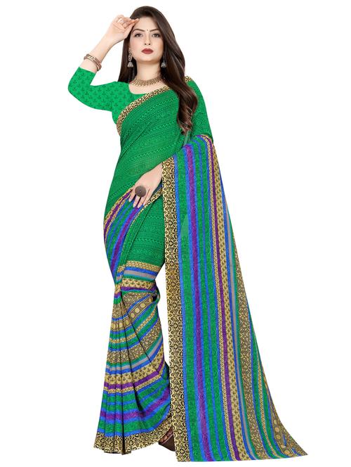 women green stripes printed saree with blouse - 21412840 - Very Small Image - 1