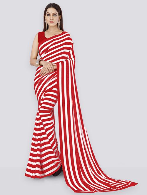 women red stripes printed saree with blouse - 21412878 - Very Small Image - 1