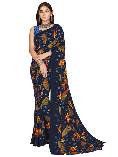 women blue printed georgette saree with blouse - 21412896 - Very Small Image - 1