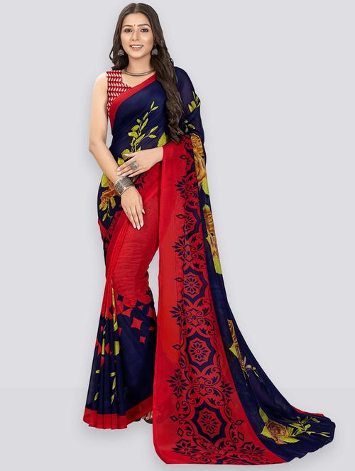 women navy blue floral printed saree with blouse - 21412950 - Very Small Image - 1