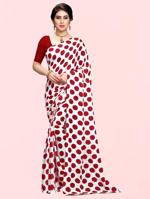 women white polka dots printed saree with blouse - 21412952 - Very Small Image - 1