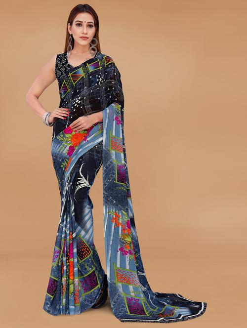 women grey printed georgette saree with blouse - 21412981 - Very Small Image - 1