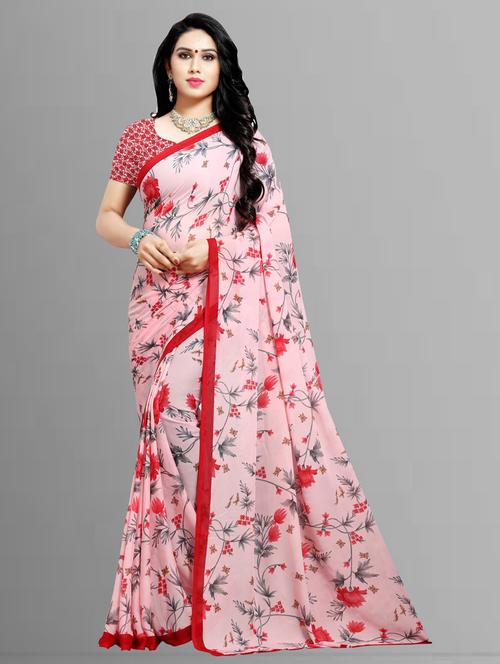 women pink floral printed saree with blouse - 21412989 - Very Small Image - 1