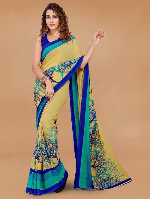 women mustard printed georgette saree with blouse - 21413066 - Very Small Image - 1